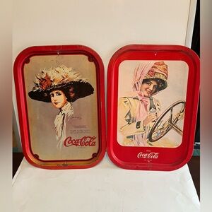 Vintage Coca Cola Metal Tin Serving Trays Lot Of 2 Rectangle Trays READ!!